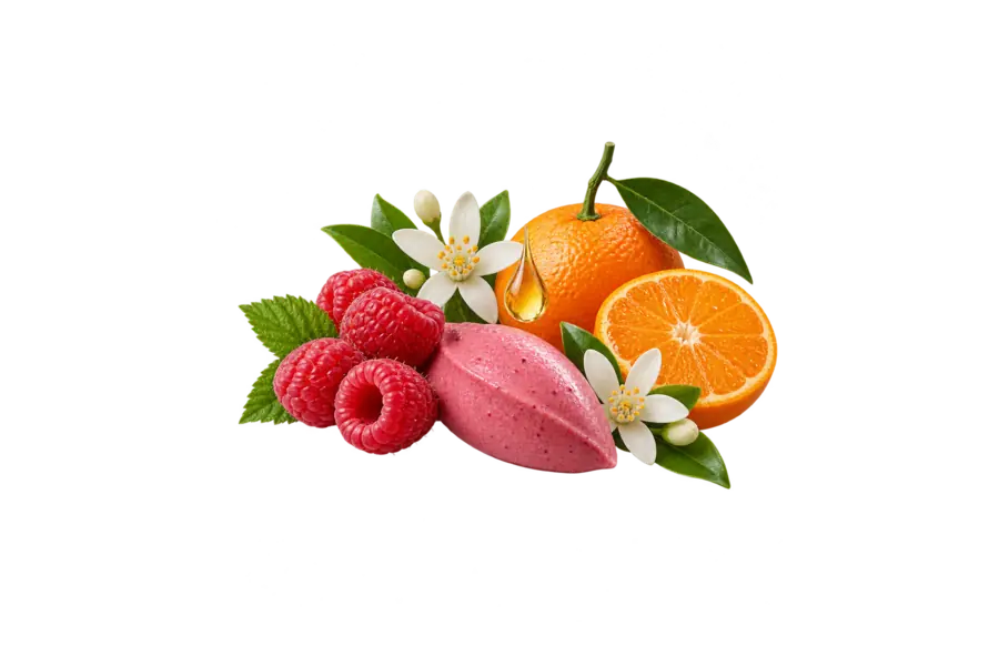 Top — raspberry mousse accord, mandarin oil, orange flower — Estée Lauder Glimmer